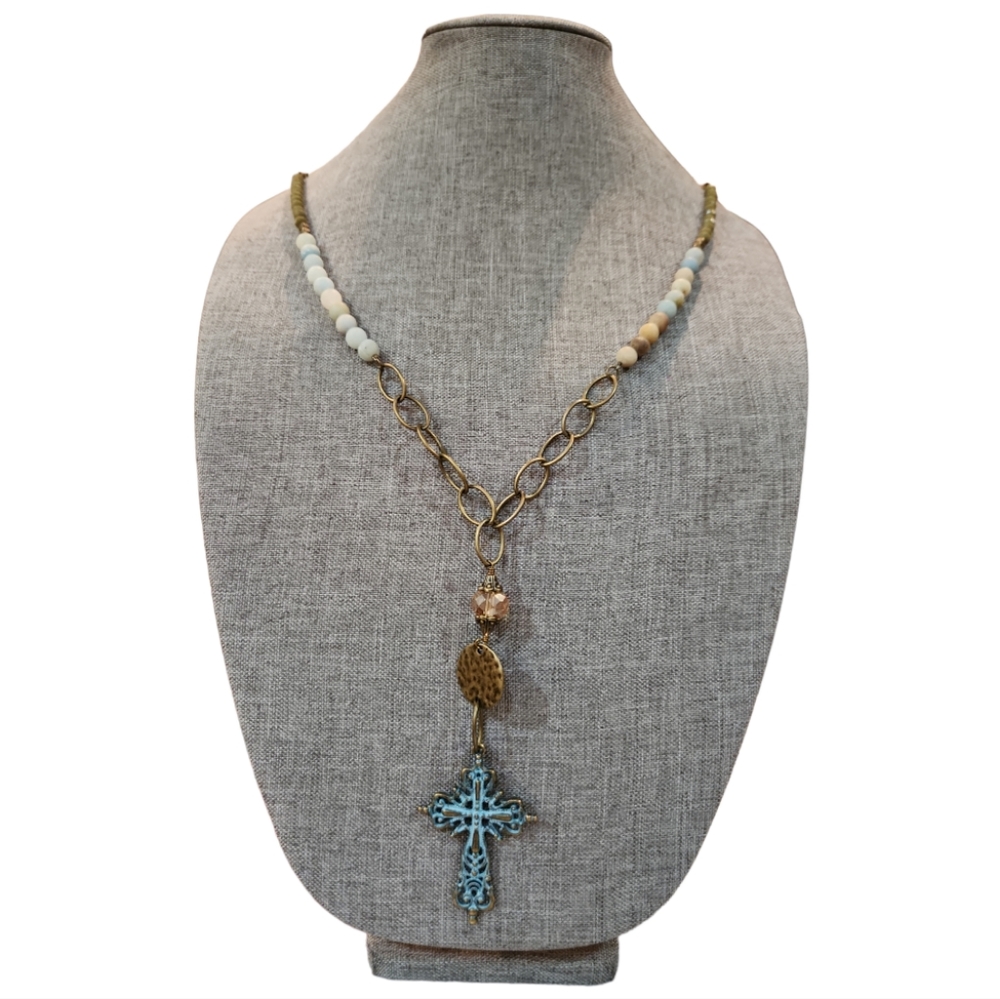 NECKLACE BOHEMIAN BEACH POLISHED GLASS BEADS ANTIQUED CROSS NECKLACE